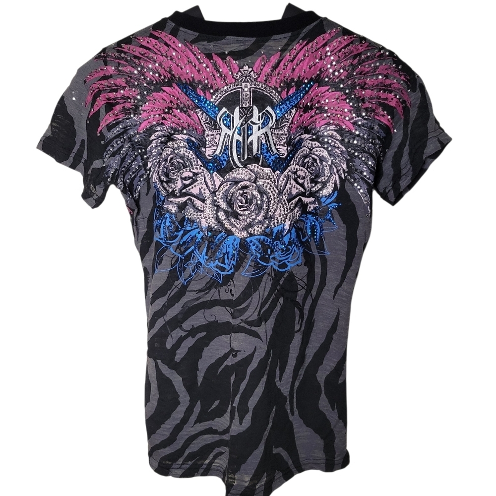 ​Panhandle Slim Rock & Roll Cowgirl Zebra Rhinestone Wing Rose T-Shirt